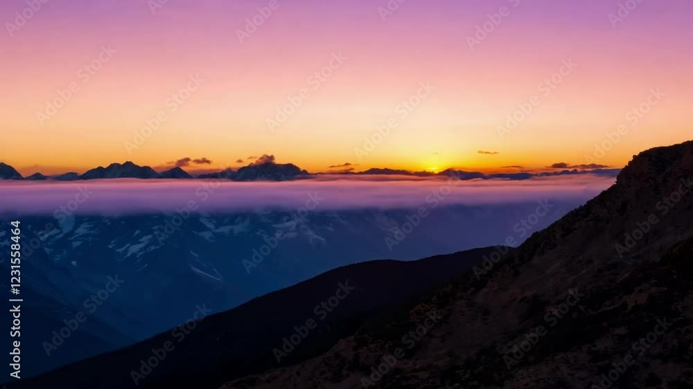 Breathtaking sunset over mountain peaks and valleys with vivid colors illuminating the sky Breathtaking sunset over mountain peaks and valleys with vivid colors illuminating the sky