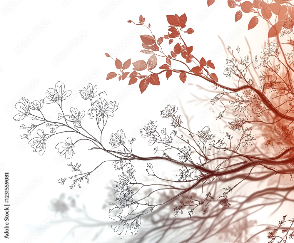 Obraz premium Abstract Branching Art: A delicate line drawing of a blooming branch overlaid with a vibrant red-toned abstract rendition, capturing the essence of nature's intricate beauty.