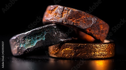 Macro Photograph of Four Textured Metal Rings on Black Background photo