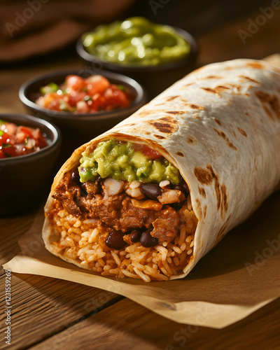 Loaded burrito with guacamole and salsa