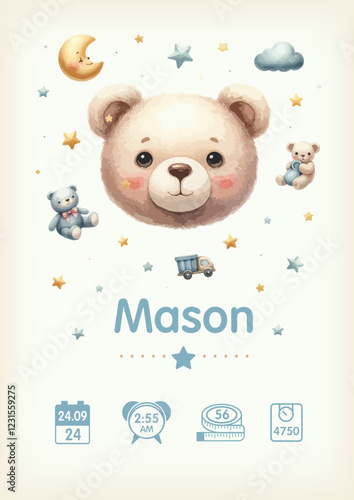 Watercolor Baby birth poster. Vector illustration of teddy bear, height, weight and date of birth. Illustration newborn metric for kids bedroom.
