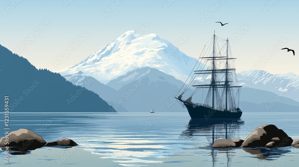 Obraz premium Majestic sailing ship at anchor, dwarfed by a snow-capped mountain range