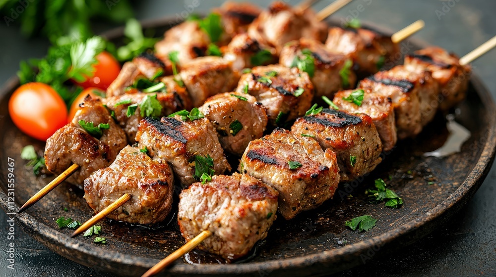 Grilled Meat Skewers with Fresh Herbs and Cherry Tomatoes Served on a Rustic Plate Grilled Meat Skewers with Fresh Herbs and Cherry Tomatoes Served on a Rustic Plate
