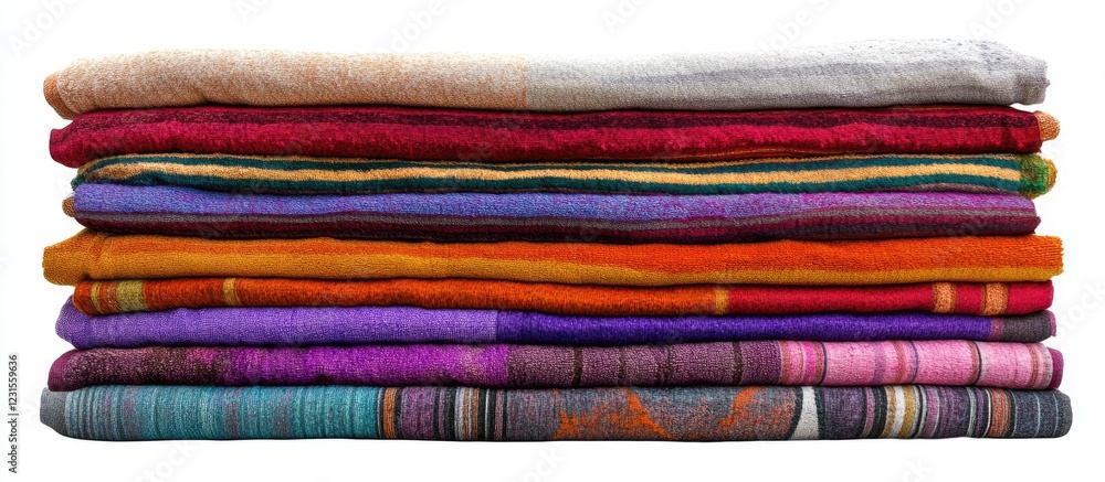 Vibrant stacked beach towels in shades of red, purple, orange, pink, and white on a clean white background, perfect for summer outings and relaxation Vibrant stacked beach towels in shades of red, purple, orange, pink, and white on a clean white background, perfect for summer outings and relaxation