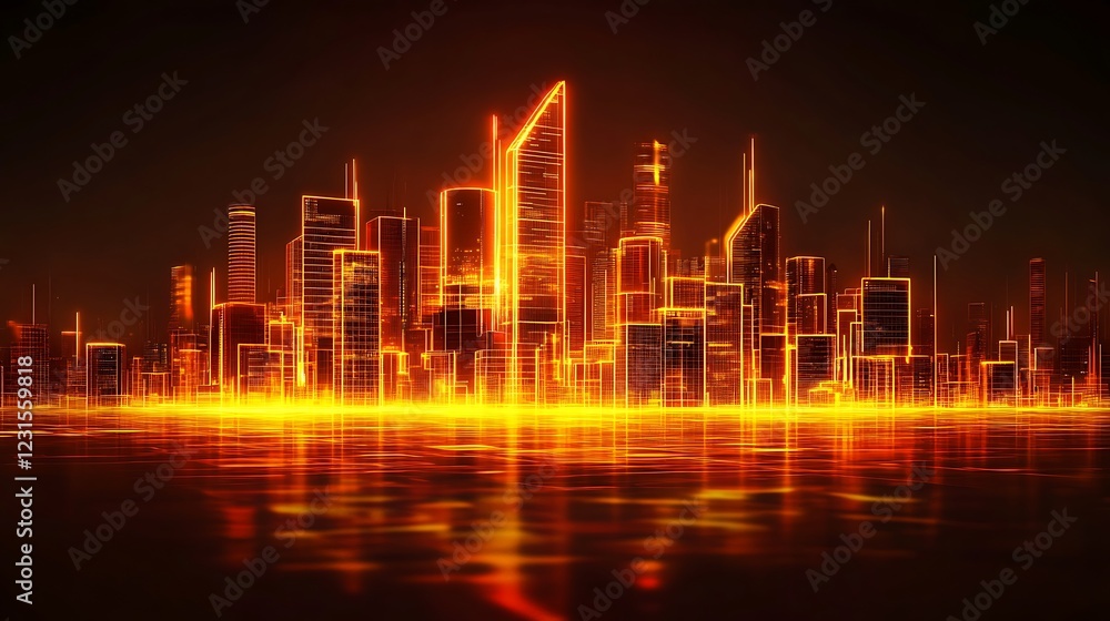 Fototapeta premium Neon Cityscape at Night, with water reflection