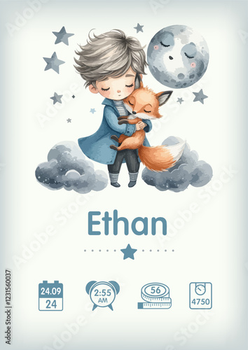 Watercolor Baby birth poster. Vector illustration of little prince with fox, height, weight and date of birth. Illustration newborn metric for kids bedroom.