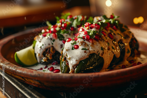 Vibrant Mexican chiles en nogada with pomegranate seeds