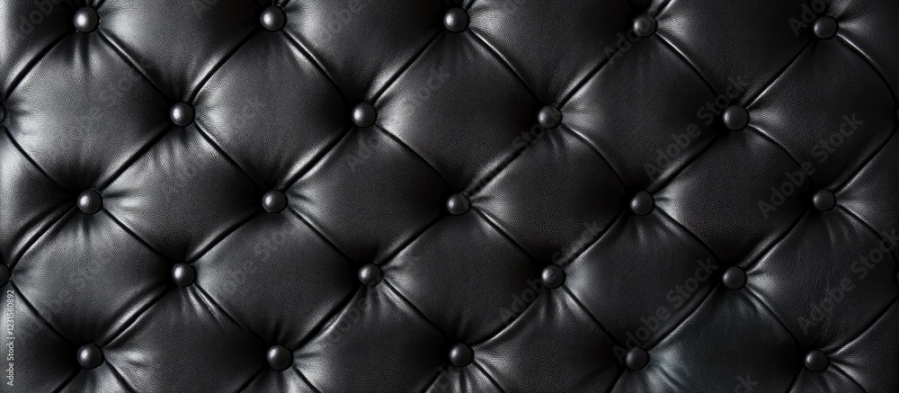 Fototapeta premium Elegant black leather close-up texture with embossed tufted pattern featuring round button details on a deep black background.