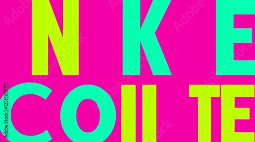 An abstract graphic design using bold typography and vibrant color blocks of lime green, fuchsia and electric blue in a layered composition, rendered digitally in a high resolution photo