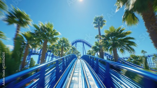 Rollercoaster POV through trees, sunny day, for summer holiday content