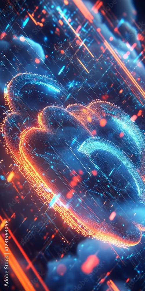 Futuristic Cloud Computing Representation with Neon Glows and Digital Network Patterns Futuristic Cloud Computing Representation with Neon Glows and Digital Network Patterns