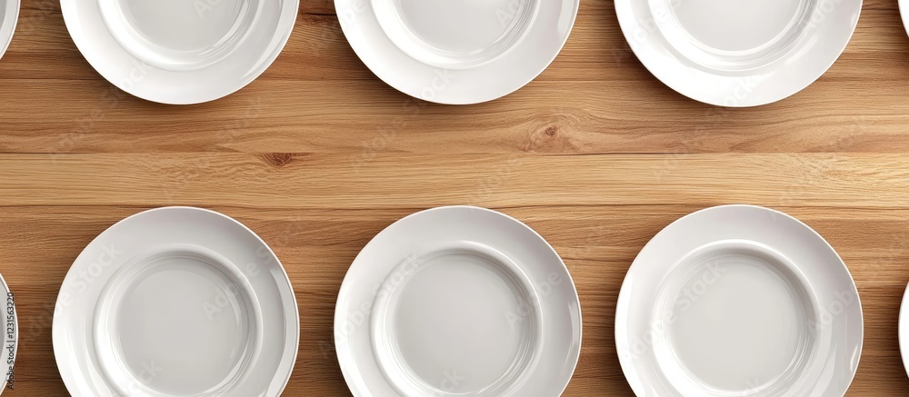 Top view of evenly spaced empty white plates arranged in a grid pattern on a warm wooden table surface showcasing their elegant design Top view of evenly spaced empty white plates arranged in a grid pattern on a warm wooden table surface showcasing their elegant design