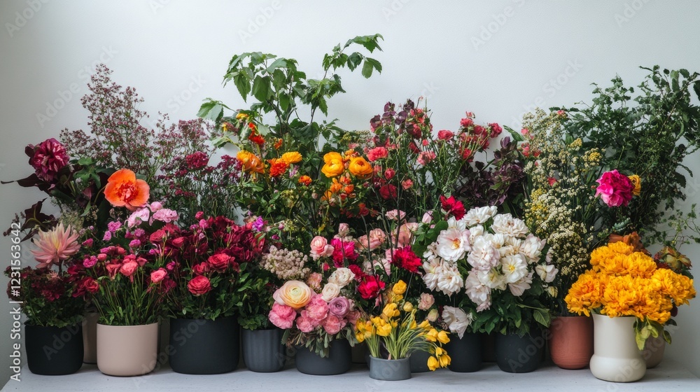 Fototapeta premium A stunning display of various fresh flowers in elegant pots, showcasing vibrant colors and textures. Perfect for decor, events, or floral design inspiration.