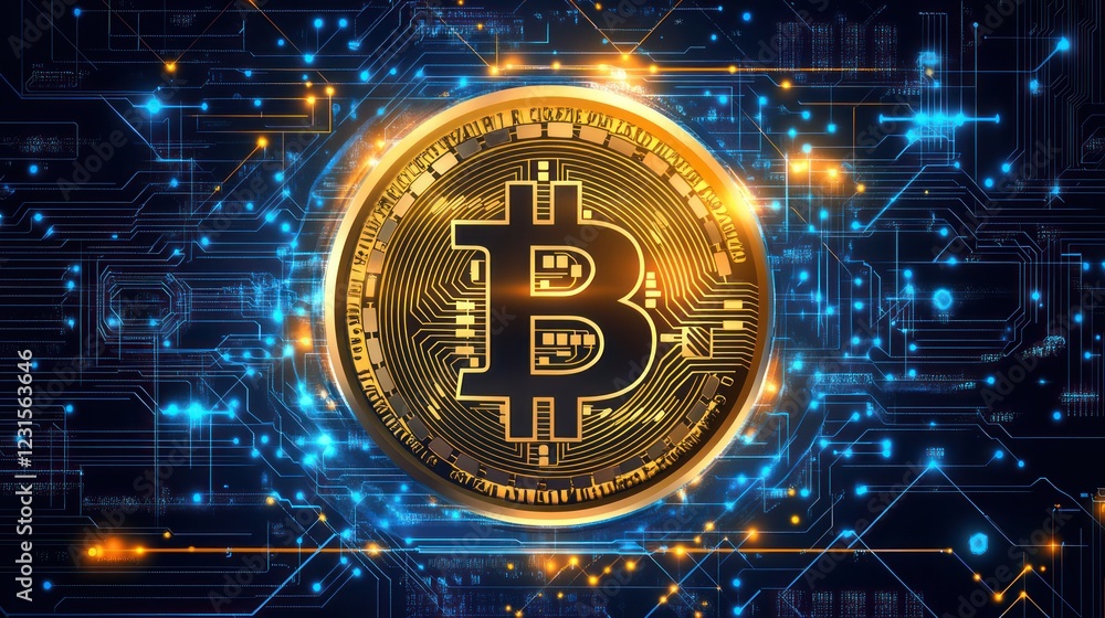Glowing Bitcoin on Circuit Board Background Glowing Bitcoin on Circuit Board Background