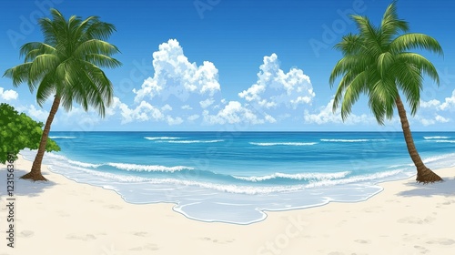 Idyllic tropical beach scene with two palm trees, white sand, and turquoise water under a bright blue sky