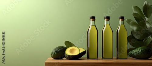 Obraz na płótnie Avocado oil bottles arranged on a wooden shelf with fresh avocados on the side, against a soft green gradient background creating a natural aesthetic. w salonie