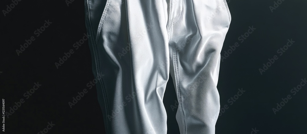 Elegant white satin trousers with soft wrinkles, set against a dark background, highlighting their flowing fabric and modern silhouette. Elegant white satin trousers with soft wrinkles, set against a dark background, highlighting their flowing fabric and modern silhouette.