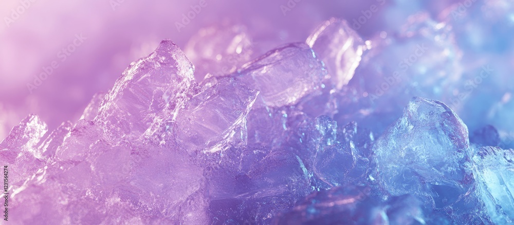 Fototapeta premium Close up of transparent ice showcasing delicate frost with shades of purple and blue highlighting intricate details and natural beauty of winter.