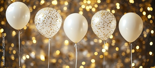 Elegant party scene featuring five white balloons with gold confetti against a sparkling golden bokeh background perfect for festive celebrations