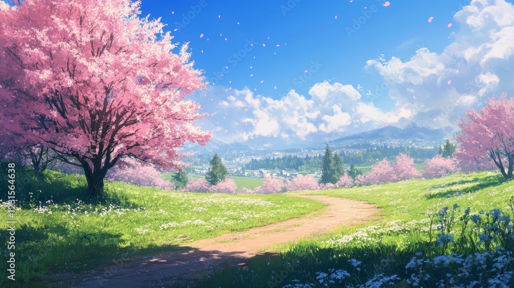 Springtime Cherry Blossom Meadow Landscape Springtime Cherry Blossom Meadow Landscape