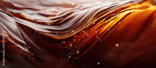 Rich brown coffee liquid cascading with deep hues and textures, featuring air bubbles and a silky surface, evoking a sense of delicious indulgence