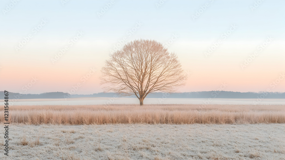 Solitary tree in frosty field at sunrise Solitary tree in frosty field at sunrise