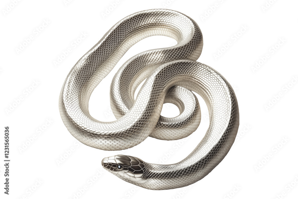 Obraz premium Coiled silver snake sculpture with detailed scales isolated on white transparent background, reptiles or wildlife, symbolizing Chinese Lunar New year