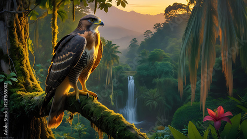 Javan Hawk on its habitat, Javanese Forest, extinct animal sunset, tropical forest, river, created by generative ai