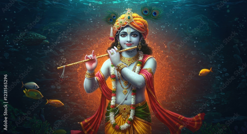 Divine Krishna Playing Flute Underwater Surrounded by Colorful Fish Divine Krishna Playing Flute Underwater Surrounded by Colorful Fish
