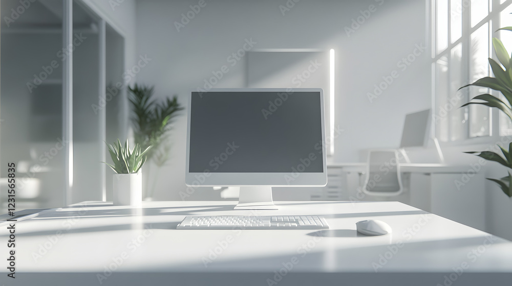 Modern offices feature sleek desktops with large LCD screens and ergonomic keyboards for efficient work and communication Modern offices feature sleek desktops with large LCD screens and ergonomic keyboards for efficient work and communication