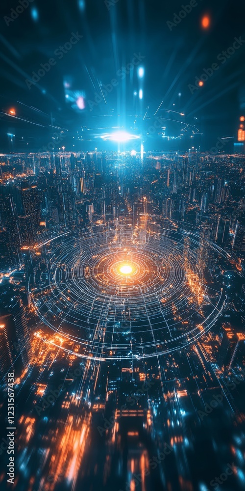 A cityscape with a bright yellow light in the center. The city is lit up with neon lights and the sky is dark. The image gives off a futuristic and energetic vibe A cityscape with a bright yellow light in the center. The city is lit up with neon lights and the sky is dark. The image gives off a futuristic and energetic vibe