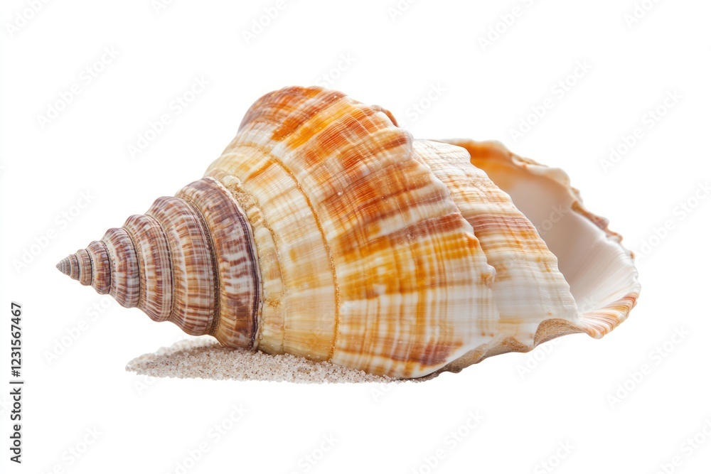 Seashell on sand, isolated, summer vacation, beach background, travel brochure Seashell on sand, isolated, summer vacation, beach background, travel brochure