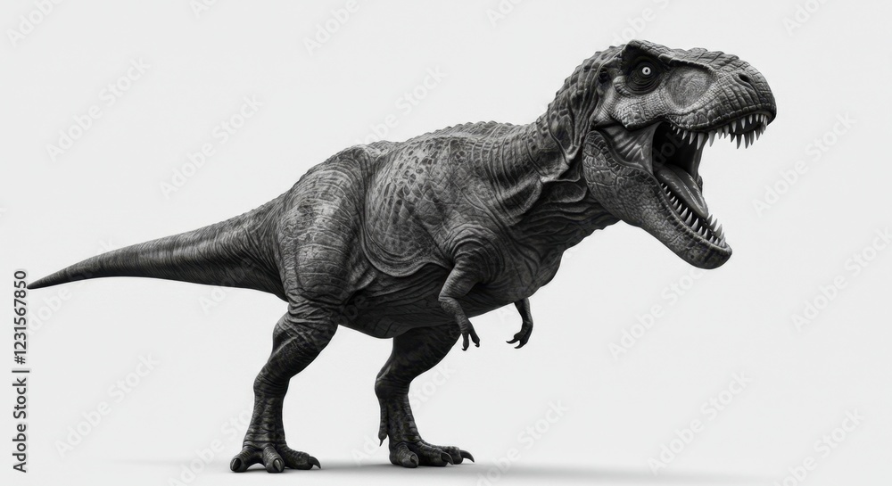 Realistic black and white depiction of a roaring dinosaur on white background Realistic black and white depiction of a roaring dinosaur on white background