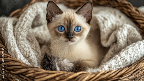 Adorable Kitten in Basket: A captivating image of a Siamese kitten with striking blue eyes nestled in a cozy wicker basket, surrounded by a soft cream-colored blanket.