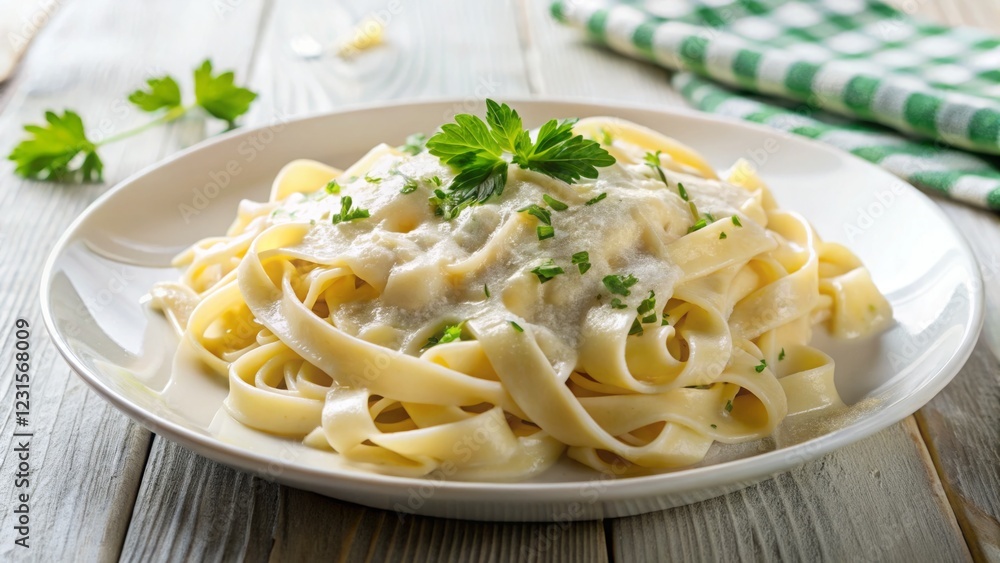 Creamy Fettuccine Pasta with Fresh Herbs on Wooden Table Creamy Fettuccine Pasta with Fresh Herbs on Wooden Table