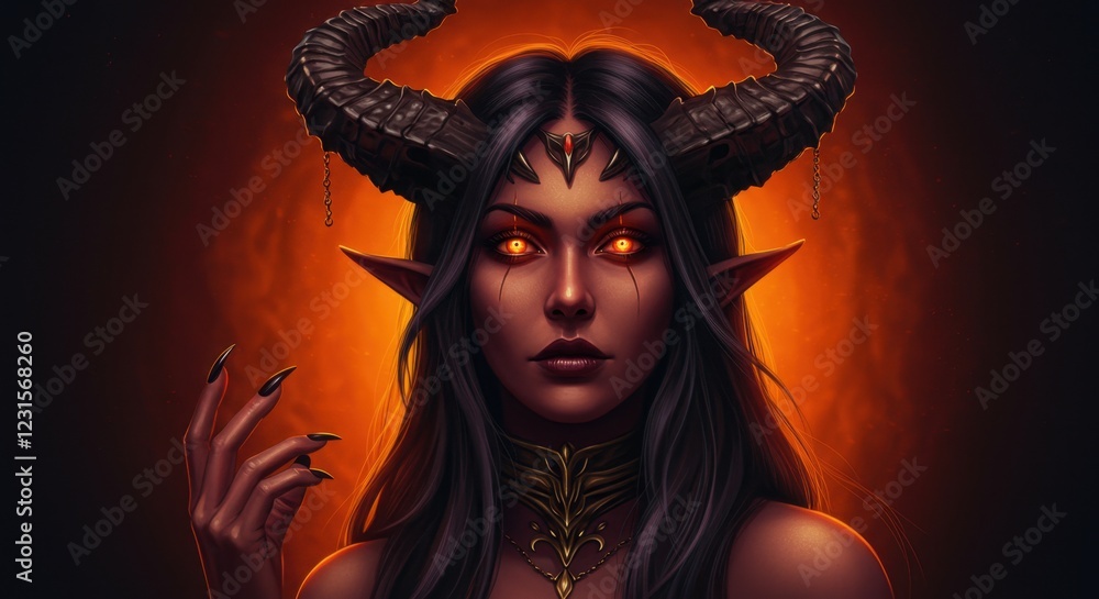 Enigmatic dark fantasy character with glowing eyes and horns Enigmatic dark fantasy character with glowing eyes and horns