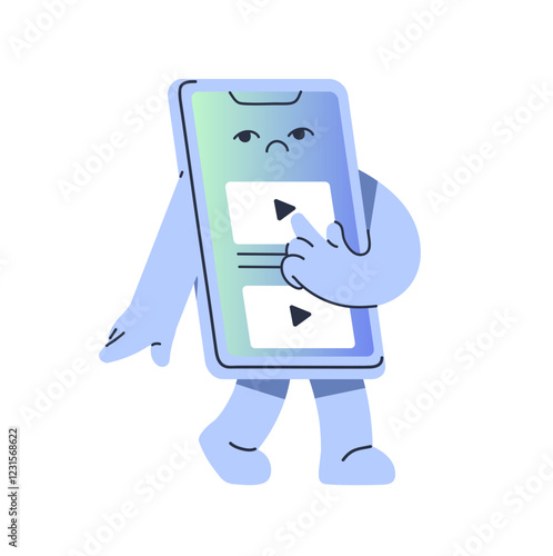 Bored phone watching video online. Cute sad smartphone clicks play, presses on media player. Sad telephone character scrolls social networks. Flat isolated vector illustration on white background