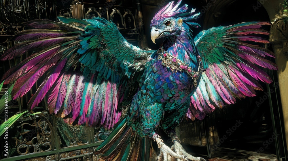 Obraz premium A vibrant, bioluminescent phoenix sculpture with outstretched wings, crafted from intricate, multifaceted components