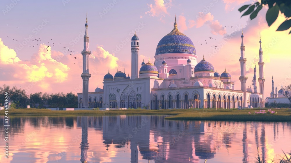 Obraz premium A mosque with domes minarets against an enchanting sunset sky