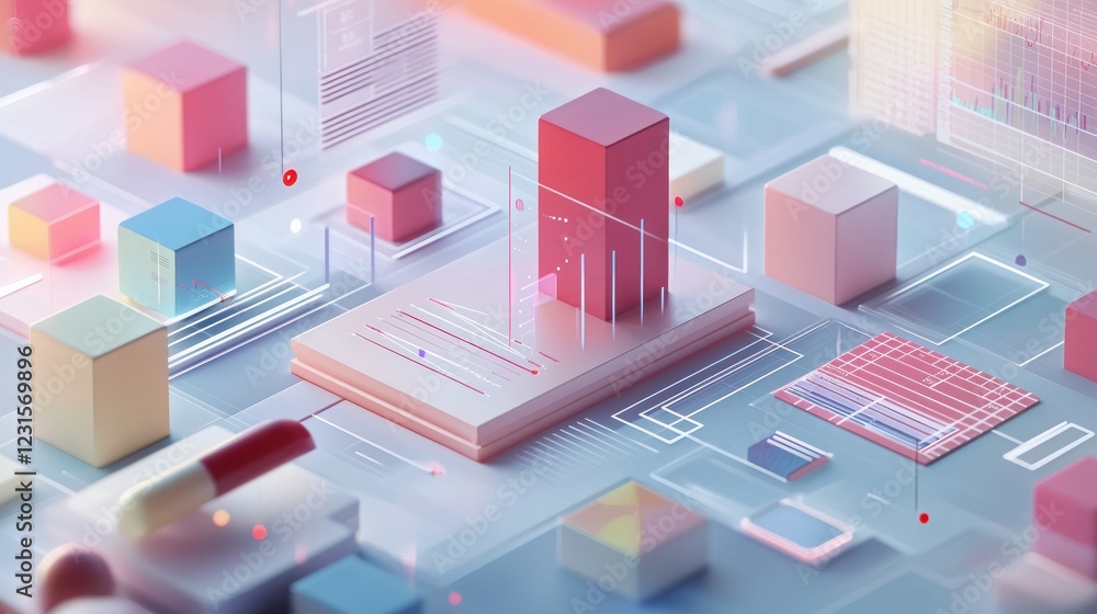 Abstract Digital Healthcare Visualization: A 3D Rendering of Interconnected Cubes and Data Streams Representing Medical Information and Technology Abstract Digital Healthcare Visualization: A 3D Rendering of Interconnected Cubes and Data Streams Representing Medical Information and Technology