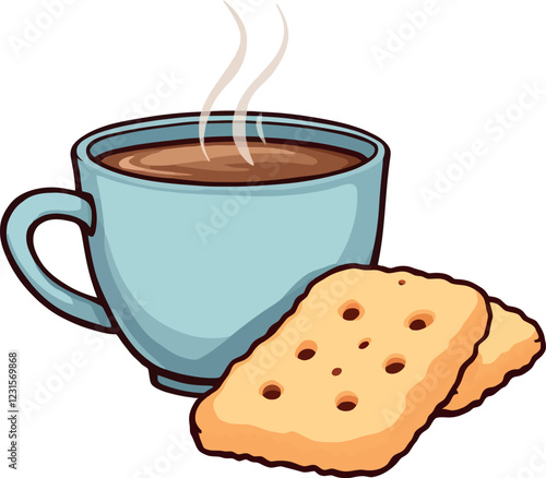 Steaming cup of coffee with cookies on white background