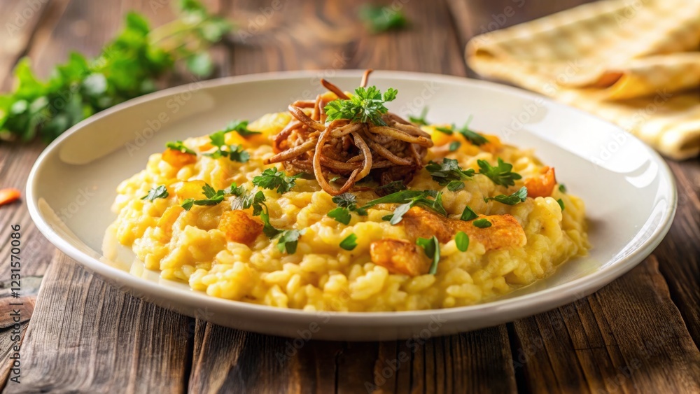 Creamy Risotto Garnished with Crispy Noodles and Fresh Herbs Creamy Risotto Garnished with Crispy Noodles and Fresh Herbs
