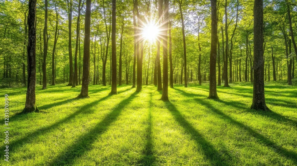 Sunlit Forest Trees Casting Shadows on Green Grass Sunlit Forest Trees Casting Shadows on Green Grass