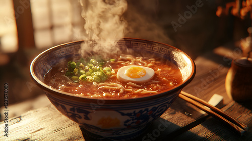 Steaming bowl of spicy tantanmen ramen with intricate toppings photo