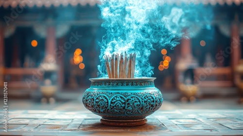 Incense smoking in ornate pot, blurred temple background, used for religious ritual