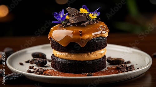 Overhead View of Two Layered Caramel Chocolate Cake on White Plate photo