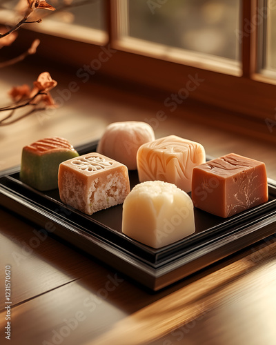 Japanese wagashi assortment with seasonal flavors on lacquered tray
