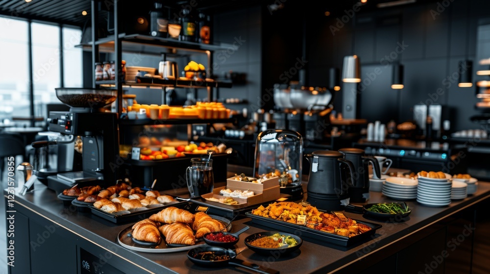 Breakfast Buffet: A spread of croissants, scrambled eggs, fruit platters, and coffee urns. Catering. Hotel. Morning. Breakfast Buffet: A spread of croissants, scrambled eggs, fruit platters, and coffee urns. Catering. Hotel. Morning.