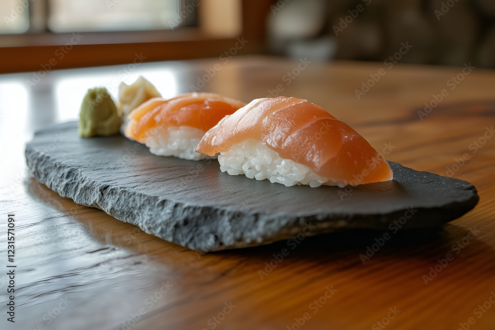 Artful arrangement of nigiri sushi on black slate Artful arrangement of nigiri sushi on black slate