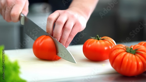 Slicing fresh tomatoes kitchen food preparation indoor close-up culinary techniques photo